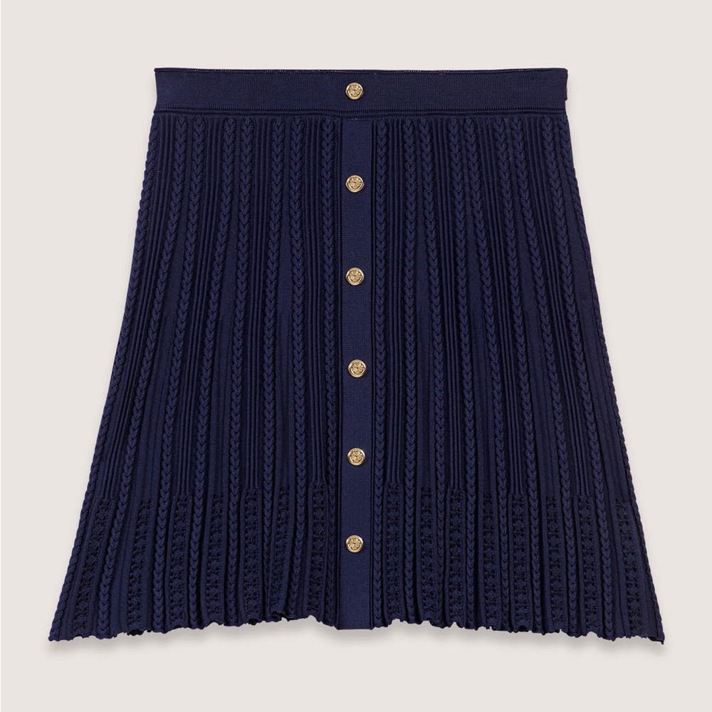 Maje Navy Cable-Knit A-Line Skirt with Gold Buttons